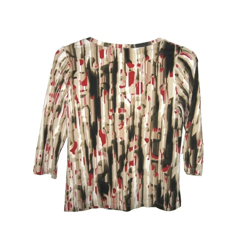 Chico's White Black Red Tan Paint Streaked 3/4 Sleeve Top 0 S 4